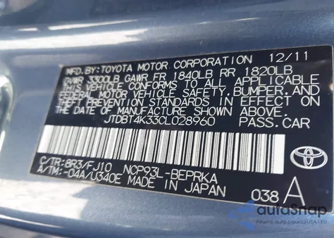 2012 Toyota Yaris из США, поврежденный, VIN JTDBT4K33CL028960